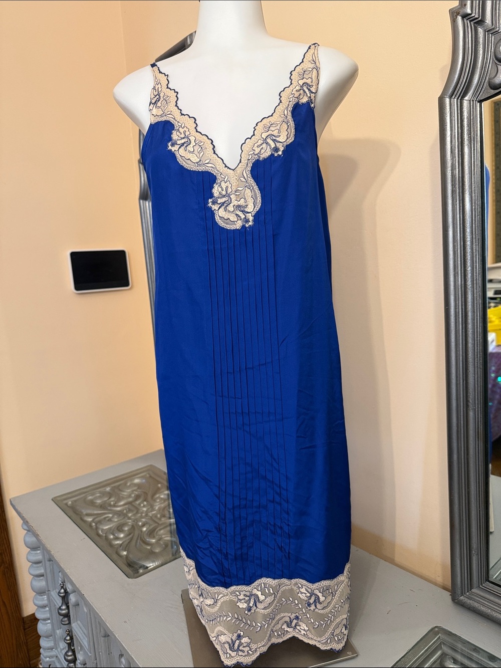 Express XS 100% Silk Royal Blue Lace Trim Slip Dress